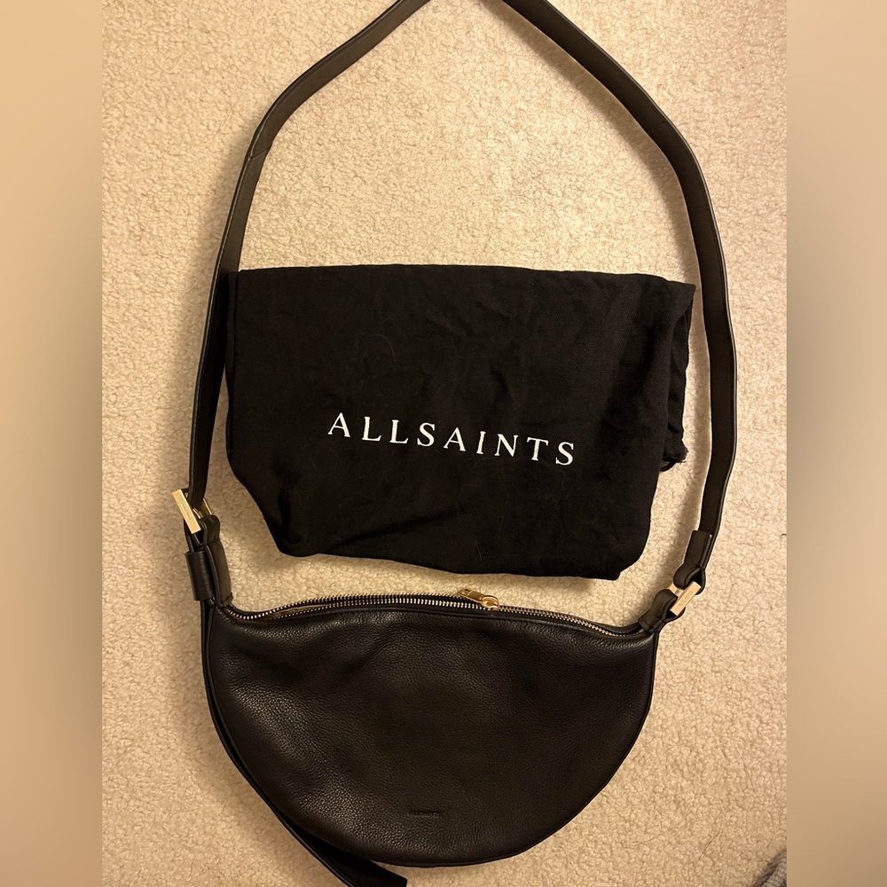 All Saints Half Moon Leather Crossbody Bag Black